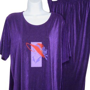 Vintage 80s Mod Knit Leisure Top Pant Set L Purple Pullover Elastic Waist